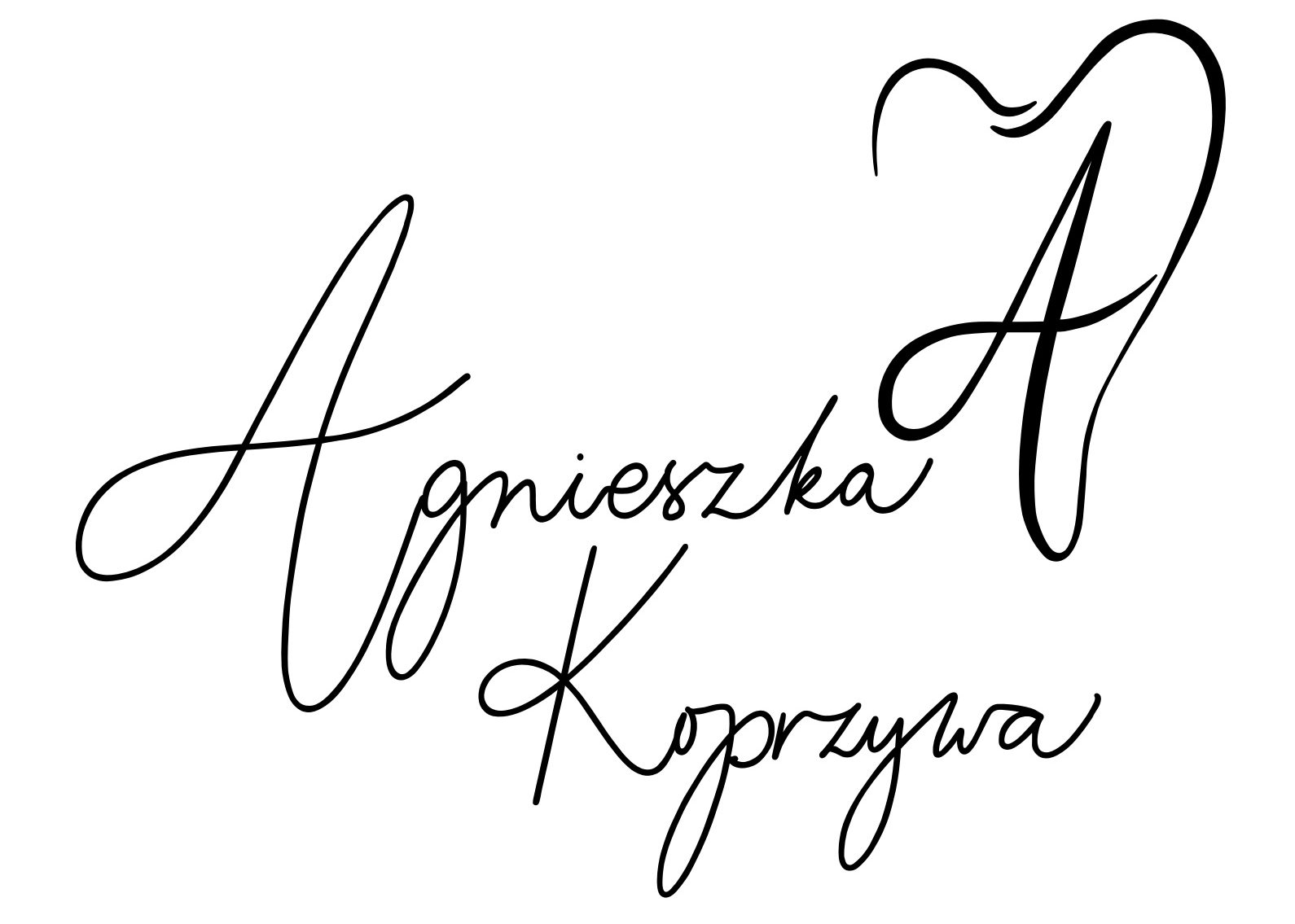 Agnieszka Koprzywa, podpis stylizowany na logo z zębem.