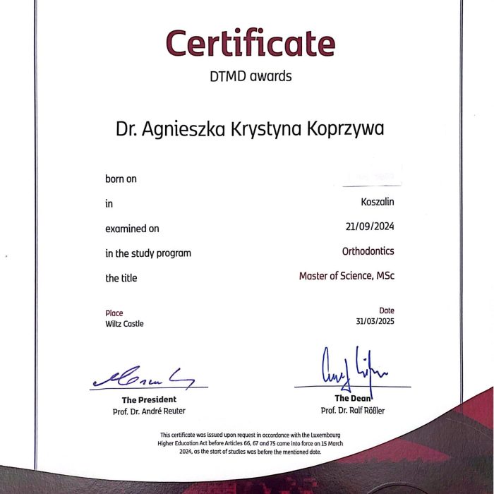 Certyfikat DTMD awards "Master of Science, MSc" w dziedzinie ortodoncji dla Dr Agnieszki Krystyny Koprzywy, wystawiony 31 marca 2025 roku.